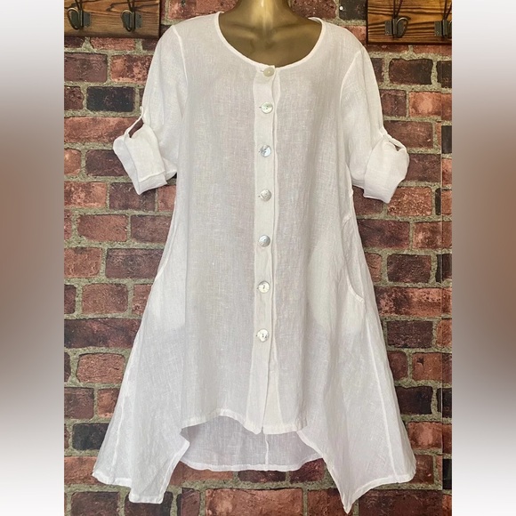 AM Basics 100% linen, beige, lagenlook, asymmetric, button down, tunic!  Large - Picture 4 of 17